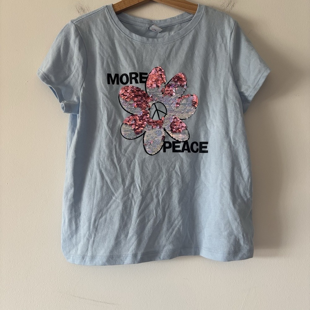 Old Navy Girl T-shirt "MORE PEACE" Size Large 10-12 Years Flower Sequin Blue NWT